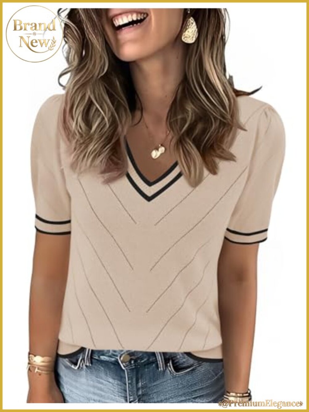 V-Neck Puff Short Sleeve Lightweight Knit Pullover Sweater